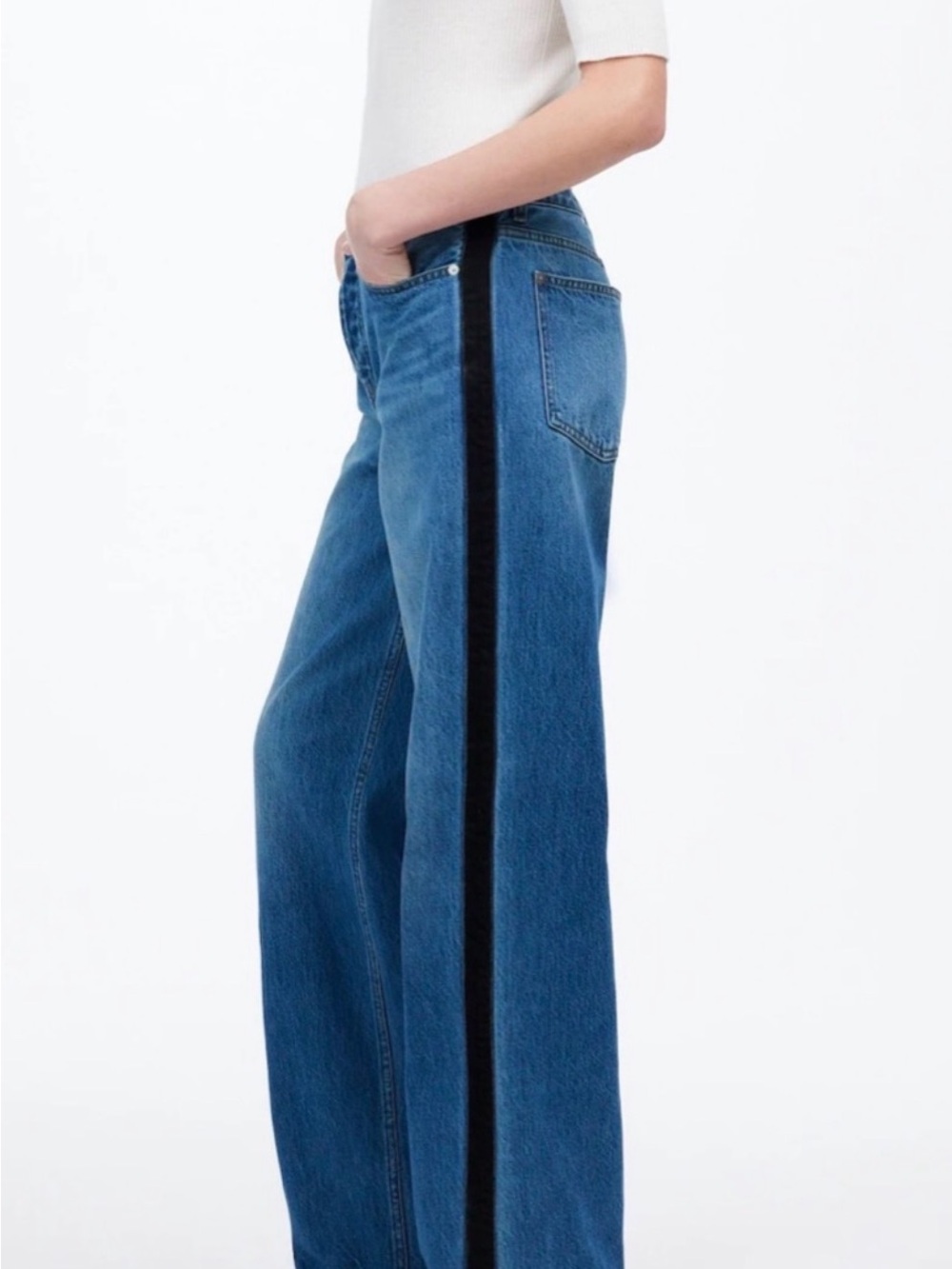 Madewell, low slung baggy blue denim jeans with black tuxedo stripe size 29